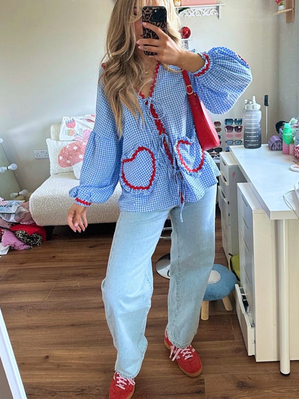 Blue Gingham Peasant Blouse with Red Heart Trim